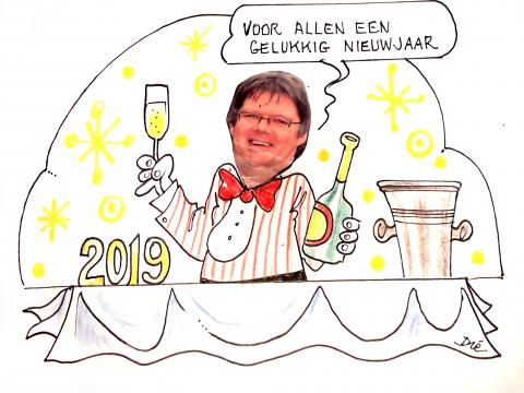 Cartoon Ludwig proost op het nieuwe jaar